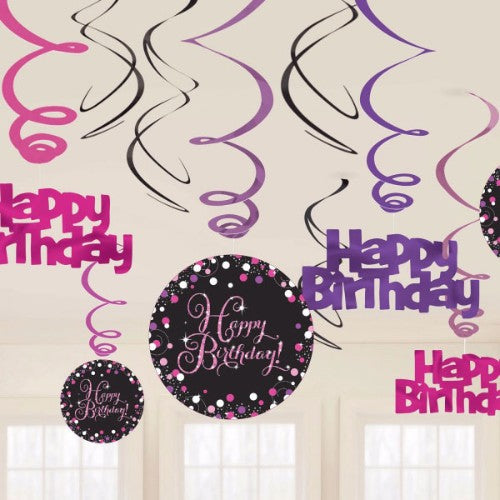 Sparkling pink birthday hanging swirls, featuring foil and cutout designs for festive decoration.