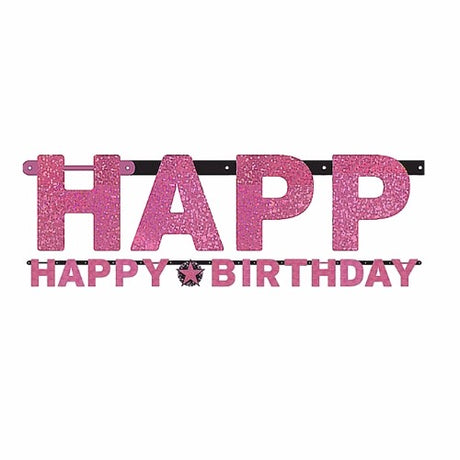 Sparkling Pink Happy Birthday Letter Banner in vibrant pink, black, and silver; perfect for festive celebrations.