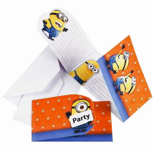 Vibrant Minions invitations and envelopes, perfect for inviting friends to a fun-themed birthday celebration. Pack of 6.