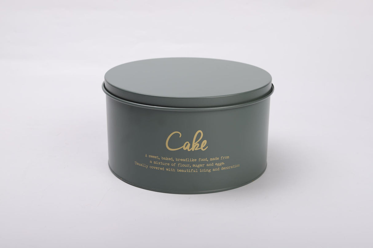 Medium Rockingham cake tin, 21cm, gray/green with gold lettering, durable steel, FDA compliant for fresh baked goods.