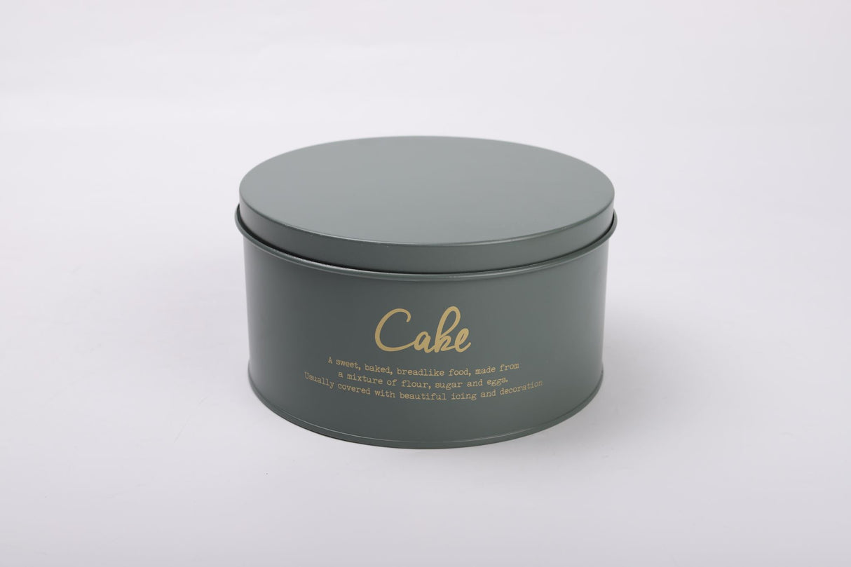 Small 18cm gray-green cake tin by Rockingham, featuring gold lettering, ideal for layered cakes and desserts.