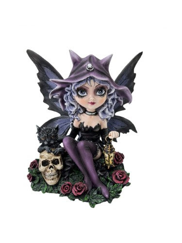 Ornament - Goth Fairy Holding Lantern with Black Cat, Skulls & Roses