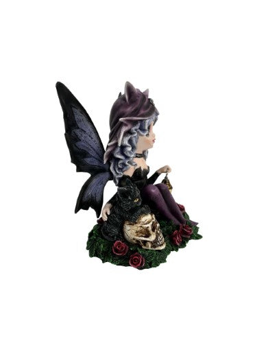 Ornament - Goth Fairy Holding Lantern with Black Cat, Skulls & Roses