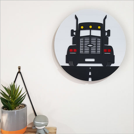 ACM Circle Big Rig Truck wall art, 30cm diameter, crafted from ACM and acrylic, perfect for kids' rooms and automotive fans.