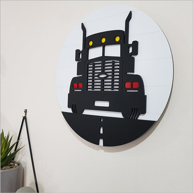 ACM Circle Big Rig Truck wall art, 30cm round, made of high-quality materials, ideal for nursery or bedroom decor.