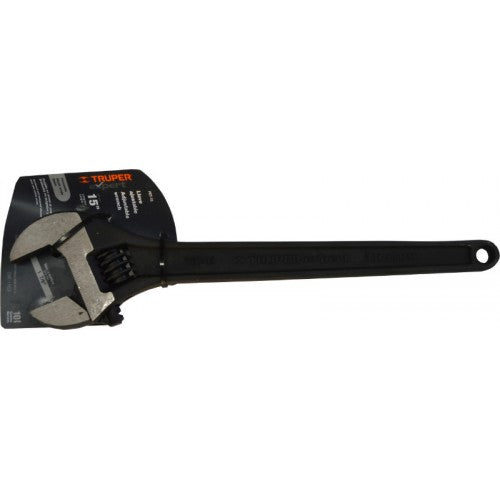 Truper 15-inch adjustable wrench, black oxide finish, chrome vanadium steel, precise markings, durable and corrosion-resistant.