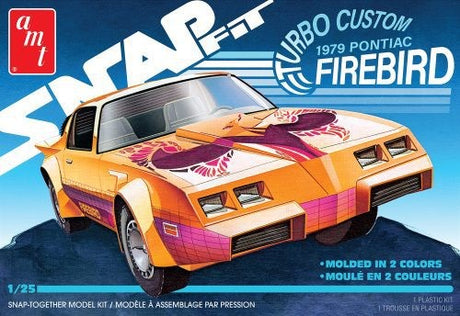 1/25 scale model of a '79 Pontiac Firebird in metallic orange, featuring snap-together assembly and detailed interior.