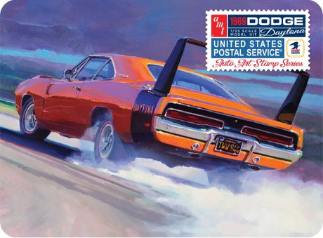 1/25 scale model kit of a '69 Dodge Charger Daytona with USPS stamp art, ideal for car enthusiasts and model builders.