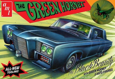 1/25 scale model of the Green Hornet's Black Beauty with intricate gadgets and detailed interior, perfect for model enthusiasts.