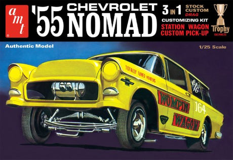 Model kit of a 1955 Chevy Nomad, featuring over 140 customizable parts in vintage packaging for classic car enthusiasts.