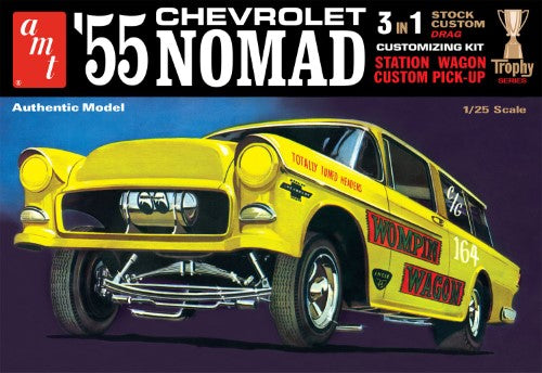 Model kit of a 1955 Chevy Nomad, featuring over 140 customizable parts in vintage packaging for classic car enthusiasts.