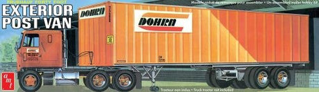 Detailed 1/25 scale model kit of Fruehauf 40' Post Trailer with 143 parts and movable features for modeling enthusiasts.