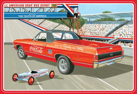 1/25 scale model kit of a '68 Chevy El Camino SS, featuring detailed parts, vibrant decals, and a bonus soap box derby car.