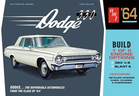 1/25 scale model kit of a 1964 Dodge 330, featuring detailed parts for two engine options and vibrant decals.