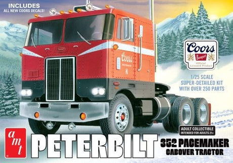 1/25 scale model of Peterbilt 352 Pacemaker featuring detailed chrome parts and a supercharged Detroit Diesel engine.