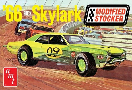 Detailed 1/25 scale model kit of a '66 Buick Skylark Modified Stocker with customizable racing features and retro packaging.
