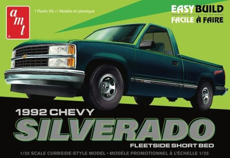 1/25 scale model kit of a '92 Chevy Silverado, featuring easy build assembly, detailed parts, and customizable options.