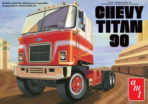 1/25 scale Chevy Titan 90 plastic kitset featuring over 250 detailed parts, chrome trees, and a supercharged diesel engine.