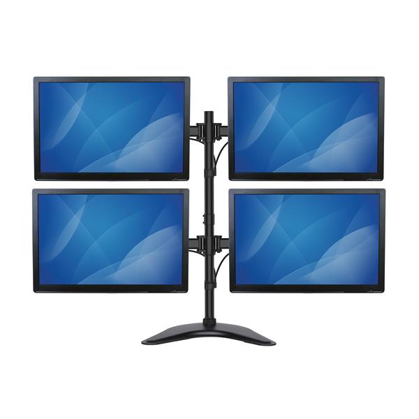 Ergonomic quad-monitor desktop stand with adjustable arms for screens 13-27 inches, optimizing workspace and productivity.