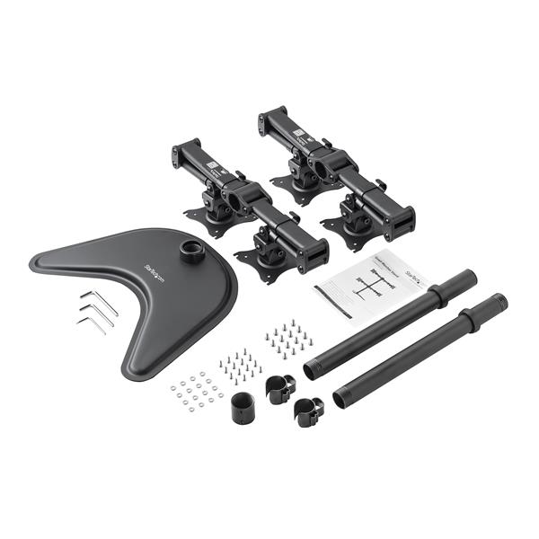 Ergonomic quad-monitor stand with adjustable arms for 13-27 inch displays, enhancing workspace multitasking and organization.