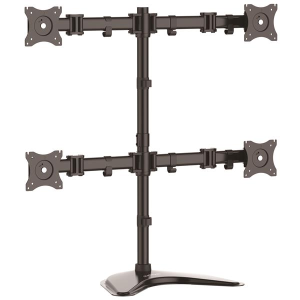 Ergonomic quad-monitor desktop stand with adjustable arms for 13-27 inch displays, maximizing workspace and productivity.