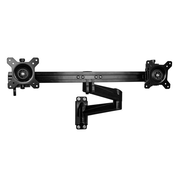 Ergonomic wall-mount dual monitor arm with adjustable features for enhanced workspace comfort and organization.