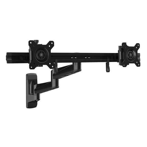 Ergonomic wall-mount dual monitor arm for VESA displays, featuring adjustable height, swivel, tilt, and rotation for workspace comfort.
