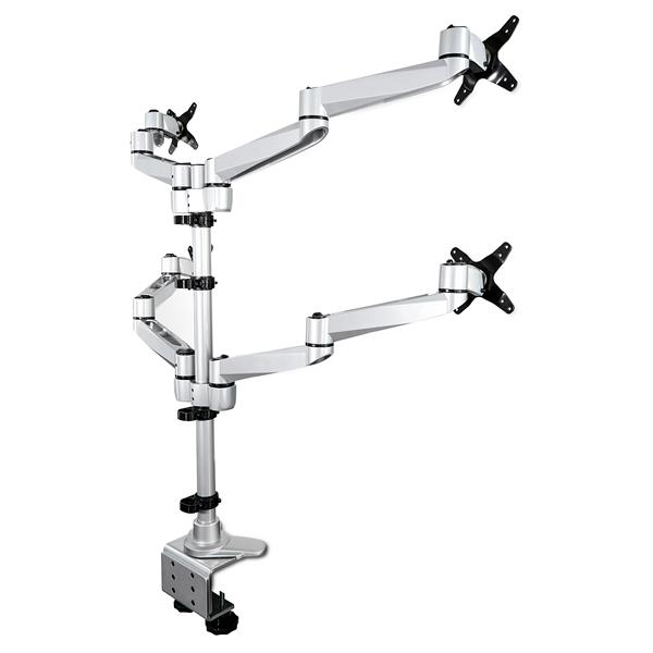Premium quad monitor mount supporting four 27" displays with swivel arms, silver finish, and ergonomic height adjustment.