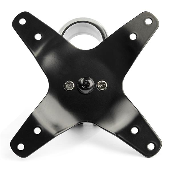 Premium quad monitor mount with silver finish supports four 27-inch monitors, featuring adjustable swivel arms and cable management.