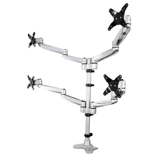 Premium quad monitor mount with silver finish, supporting four 27-inch VESA compatible monitors with swivel arms and cable management.