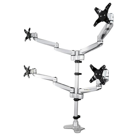 Premium quad monitor mount with silver finish, supporting four 27-inch VESA compatible monitors with swivel arms and cable management.