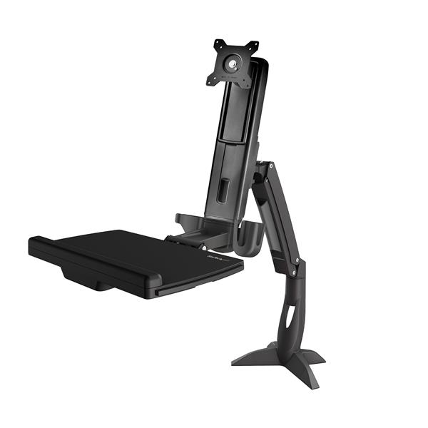 Ergonomic sit-stand monitor arm with adjustable keyboard tray for flexible workspace customization and optimal productivity.