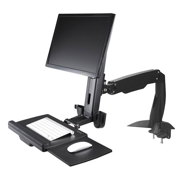 Ergonomic sit-stand monitor arm with adjustable keyboard tray for versatile workspace flexibility and comfort.