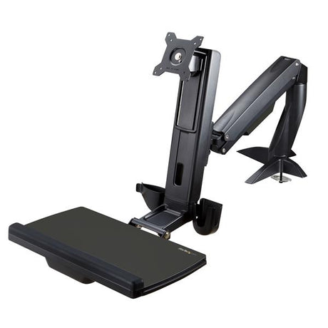 Ergonomic sit-stand monitor arm with adjustable keyboard tray, supports up to 24-inch monitors for flexible workspace use.