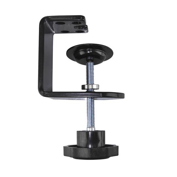 Adjustable desk-mount tablet stand with articulating arm for optimal device positioning and cable management.