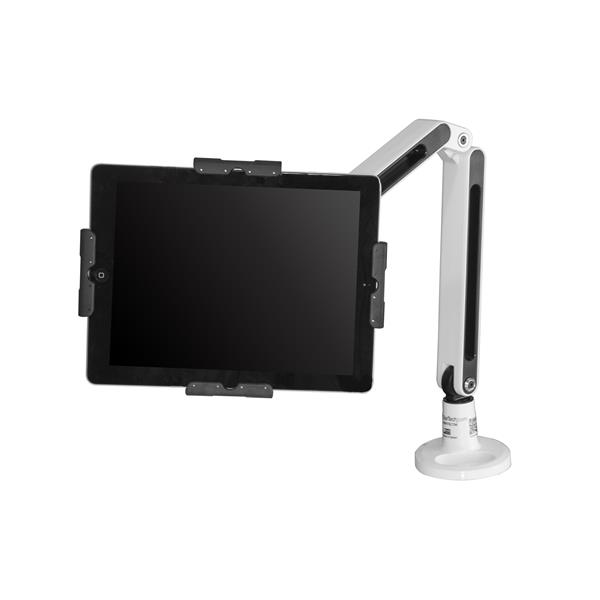 Adjustable desk-mount tablet stand with articulating arm for iPad and Android, featuring 360-degree rotation and cable management.