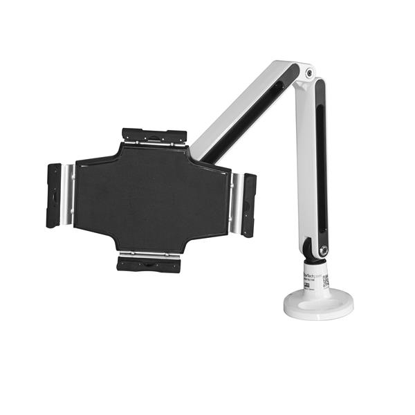 Adjustable desk-mount tablet stand with articulating arm, ideal for iPad and Android, offers 360-degree rotation and cable management.