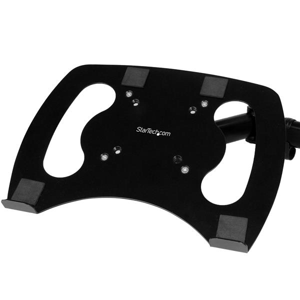 Ergonomic desk-mount monitor arm with adjustable laptop stand for dual-monitor setups, enhancing workspace productivity.
