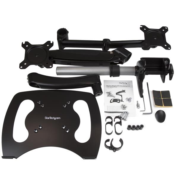 Ergonomic desk-mount monitor arm with adjustable laptop stand for dual-monitor setup, enhancing productivity and comfort.
