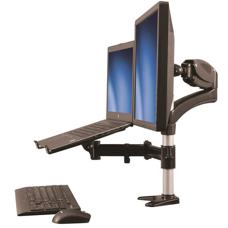 Ergonomic desk-mount monitor arm with adjustable laptop stand for seamless dual-monitor setup and optimal comfort.