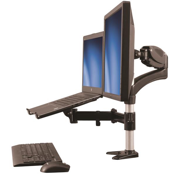 Ergonomic desk-mount monitor arm with adjustable laptop stand for seamless dual-monitor setup and optimal comfort.
