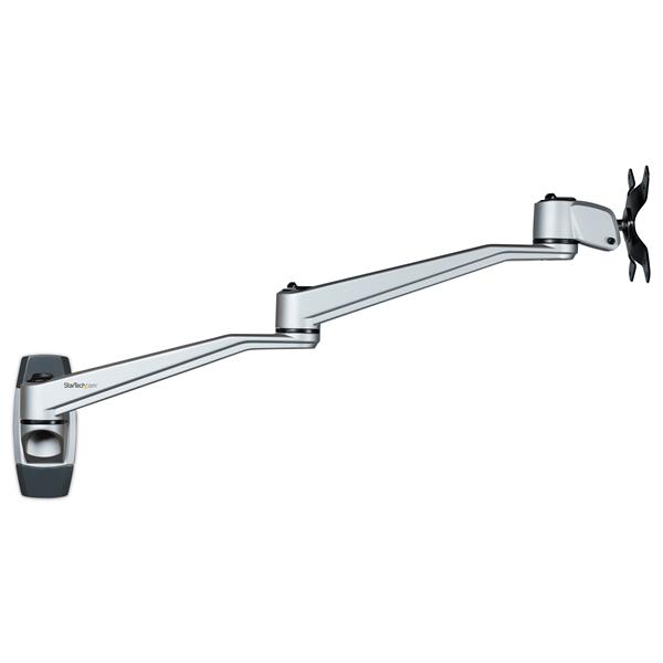 Premium wall mount monitor arm with dual swivel extension, supports displays up to 34 inches, VESA compatible.