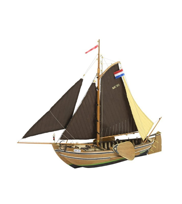 1/35 scale Wooden Ship model kit of the Dutch Botter fishing boat, featuring precision parts and hand-sewn sails.