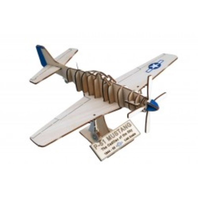 Intricately designed wooden model of the P-51D Mustang, ideal for aviation enthusiasts and collectors.