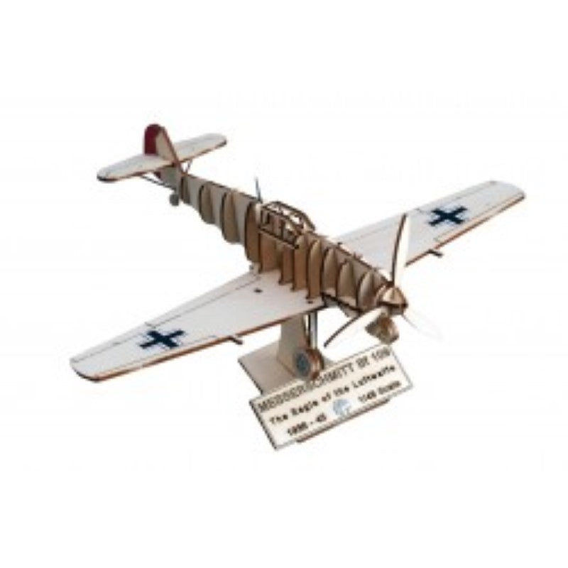 Scale model kit of the Messerschmitt Bf.109 fighter aircraft, made from high-quality laser-cut wood for easy assembly.