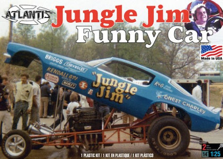 1/25 scale model of the Jungle Jim Camaro Funny Car kit with two engine options for custom builds and vibrant decal designs.