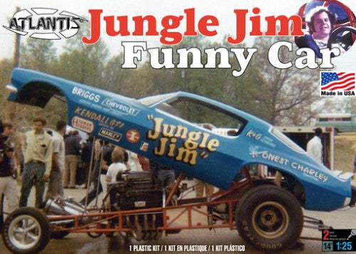1/25 scale model of the Jungle Jim Camaro Funny Car kit with two engine options for custom builds and vibrant decal designs.