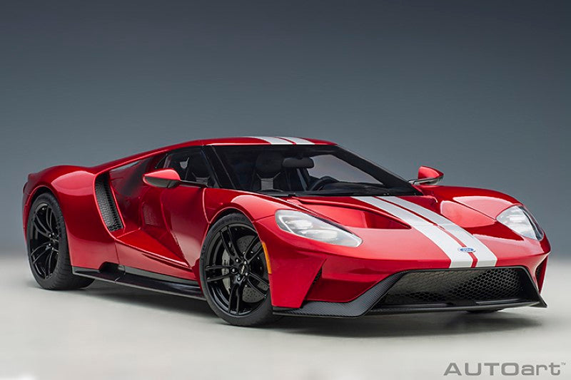 1/12 scale diecast Ford GT in Liquid Red with Silver Stripes, showcasing intricate details and a sleek design.