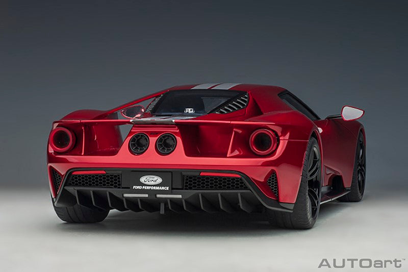 1/12 scale diecast Ford GT model in Liquid Red with Silver Stripes, showcasing detailed craftsmanship and design.
