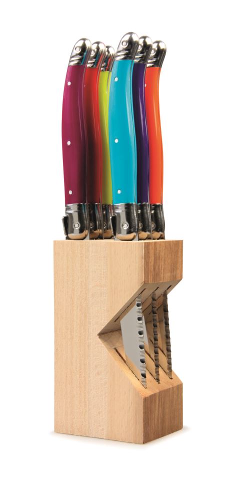 Verdier Knife Block Set 6 Multi with colorful resin handles and stainless steel blades, featuring the Laguiole Bee emblem.